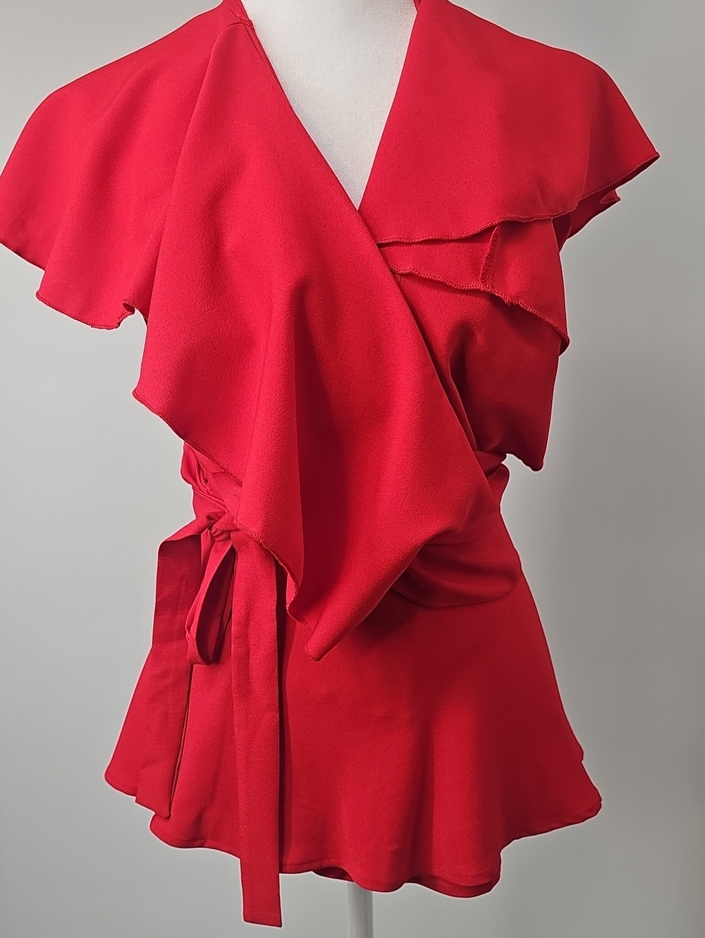 Red Wrap Blouse w Ruffled Collar Overlay Coquette Girl Feminine Sexy Sz:M
